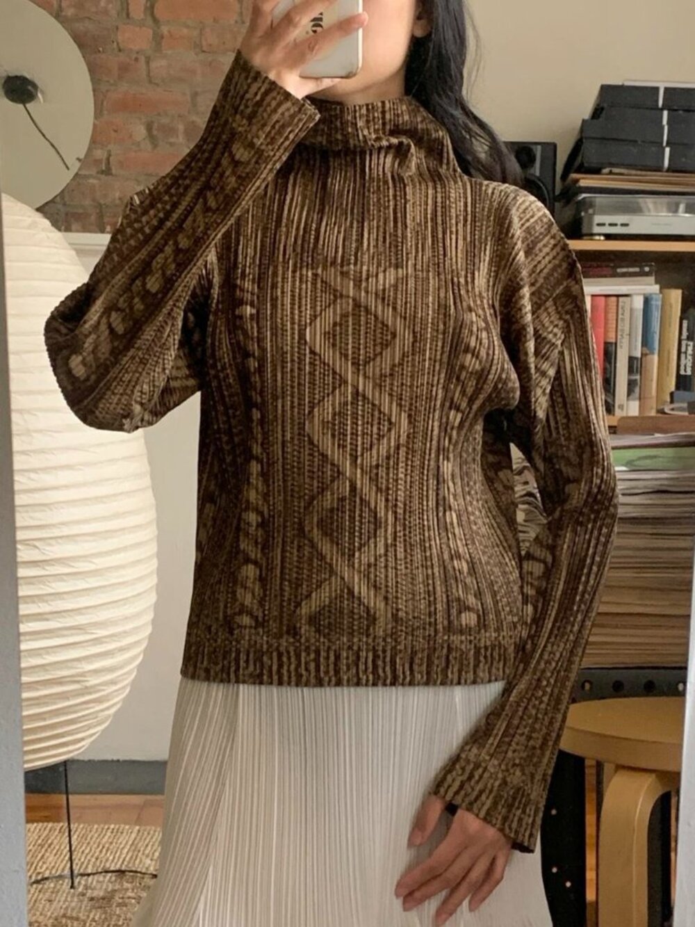 Issey Miyake Pleats Please Knit Print Turtleneck Brown JP3